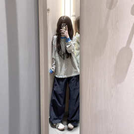 美式复古蓝白撞色棉长袖T恤女春秋慵懒风宽松休闲上衣
