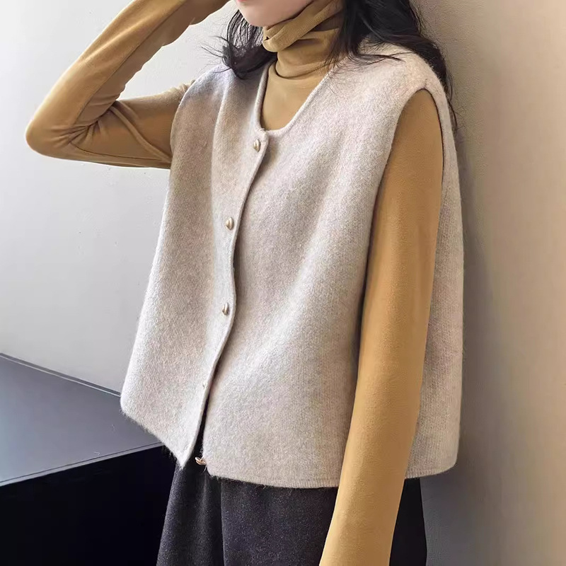Vintage Knitted Vest Women's Autumn French Loose Stacked Sweater Vest Round Neck Outer Wearing Korean Style Waistcoat