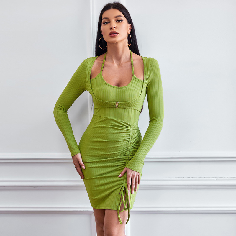 2026 Cross-Border European and American Women's Clothing Fake Two-Piece Pleated Slim-Fitting Bodycon Skirt Knitted Long-Sleeved Short Skirt Mini Dress