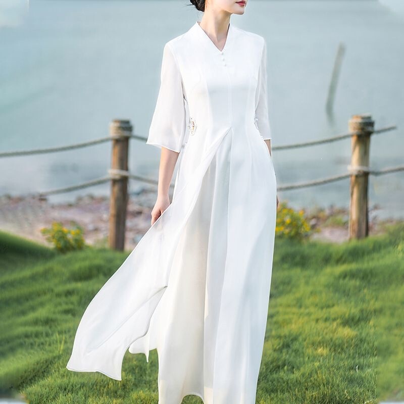 Spring and Summer Improved Hanfu White Embroidered Fairy-Like Chiffon Dress, Slim Fit, Zen-Inspired New Chinese Style Long Dress Spring and Summer Improved Hanfu White Embroidered Fairy-Like Chiffon Dress, Slim Fit, Zen-Inspired New Chinese Style Long Dress
