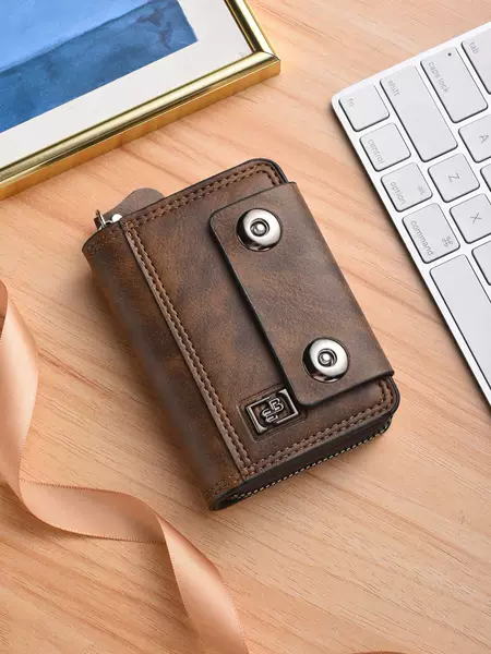 2026 Men's Short Wallet, Personalized Metal Logo Accordion Card Holder, Double Magnetic Clasp Zipper Large Capacity Coin Purse