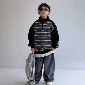 冬季中大男童加绒卫衣新款童装儿童男孩条纹半拉链中领上衣休闲潮