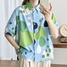 夏季2025新款宽松大码撞色波点印花衬衫女设计感小众减龄别致衬衣
