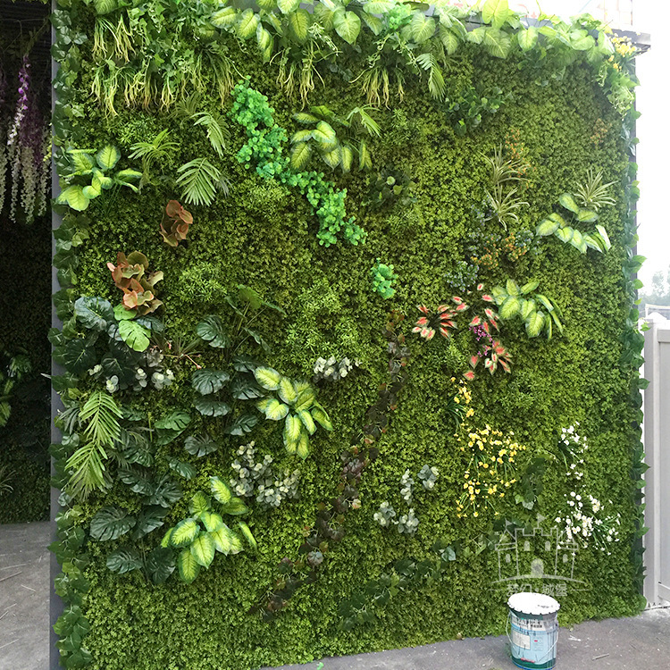 Planta artificial pared Fondo pared puerta tienda letrero decoración flor pared verde plástico falso flor eucalipto planta verde pared