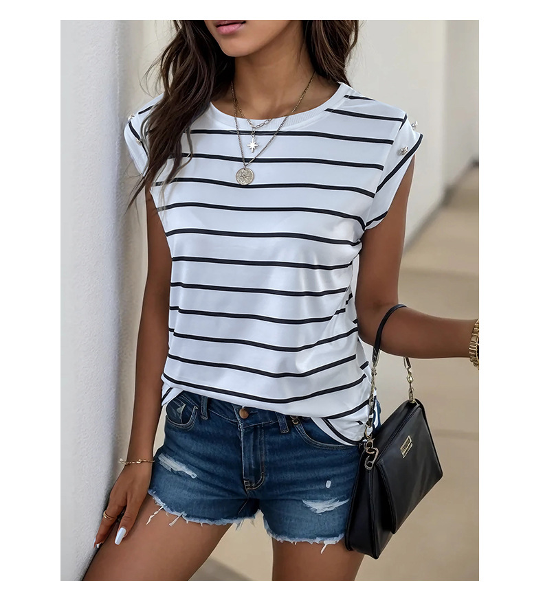 T-shirt pullover semplice nuova casual con bottoni a righe_voghion.com