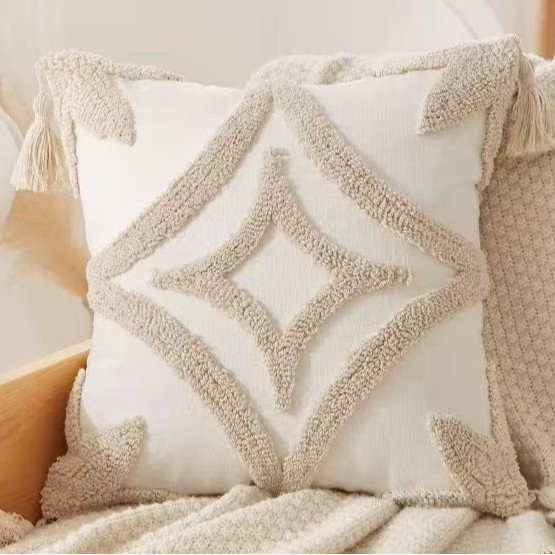Cream lienzo bordado funda de almohada estilo nórdico ligero lujo cojín de sofá geométrico decoración de hoteles residencial funda de almohada