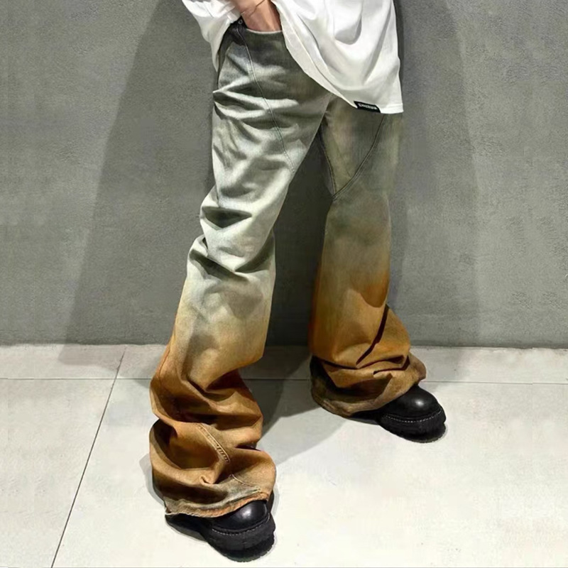 Ro Style Blue-Gray-Orange Gradient Color-Blocking Niche Washed Floor-Length Casual Flared Slim-Fit Stacked Slimming Jeans