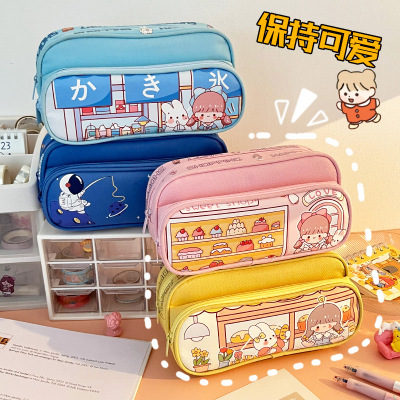 lovely ins Wind pen double-deck capacity waterproof Yan value canvas Pencil bag Hearts Super Stationery bags