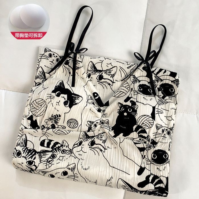 Venta al por mayor transfronteriza de tela arrugada de algodón de imitación de verano con almohadilla para el pecho, camisón, camisón, servicio a domicilio, pijamas de mujer, impresión fresca de comercio exterior