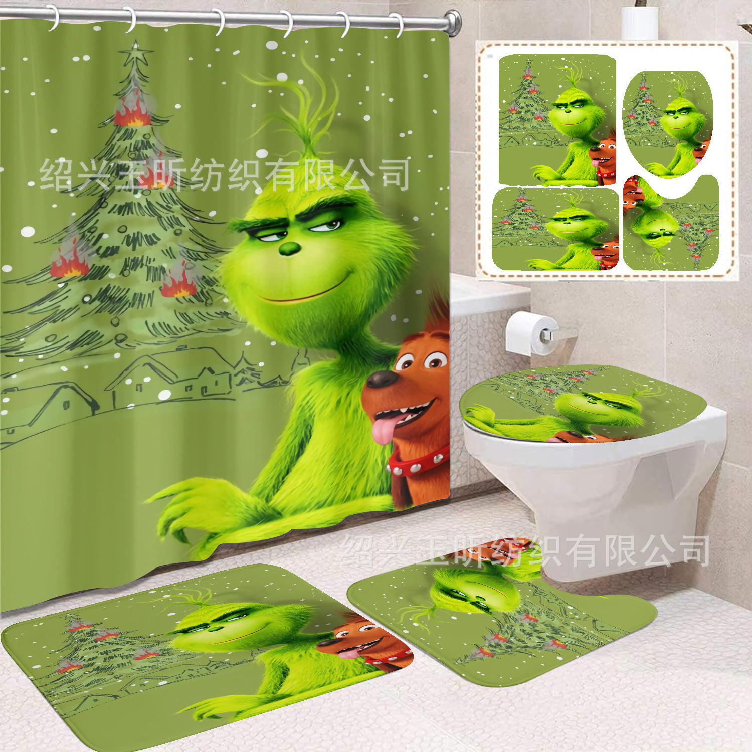 Tela de cortina de ducha transfronteriza, cortina de ducha impermeable, alfombra antideslizante de baño, juego de Grinch 4 de pelo verde al por mayor, sin perforación