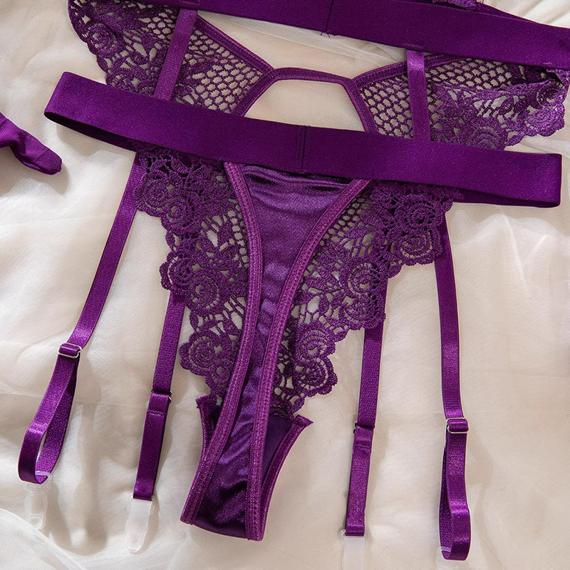 Purple Lace Underwire Jumpsuit Lingerie Set with Garters, Thong, Gloves and Stockings — detail image 22
