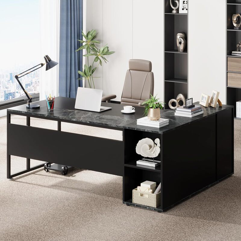L-Shaped Office Desk, Executive Desk with Shelves, Trendy Business Furniture Set, Suitable for Home Office Desk