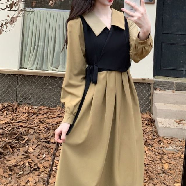 Plus-Size Autumn French Hepburn Style Design Faux Two-Piece Dress with Waist-Cinching Tea-Colored Artistic Gentle Long Dress