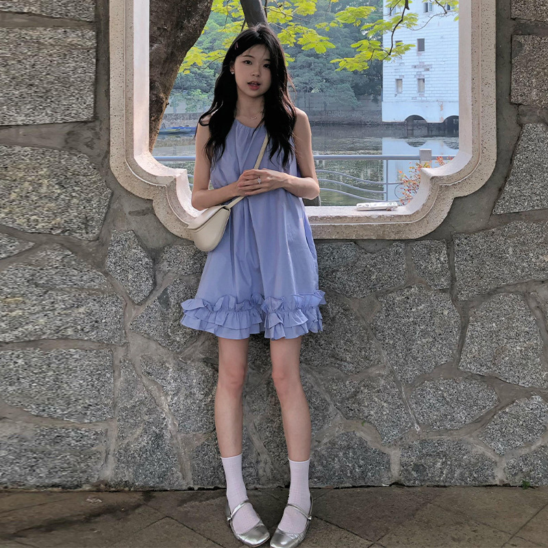 蓝色背心连衣裙女装夏季2025新款减龄小个子海边度假无袖短裙子|undefined