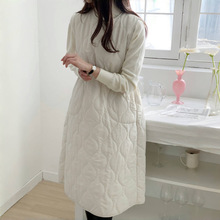 Korea 秋冬复古气质单排扣抽绳收腰波浪压纹中长款棉服马甲连衣裙