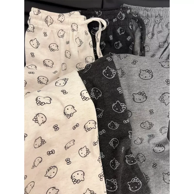 kitty猫咪糯米裤印花裤子少女慵懒松弛感阔腿裤松紧腰抽绳遛弯裤