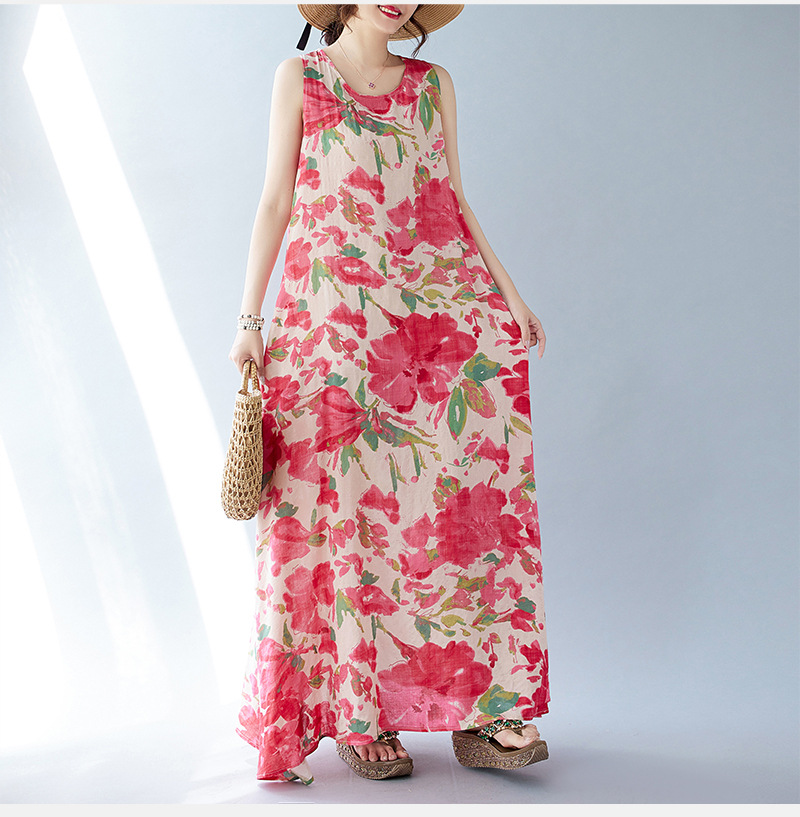 Real Shot Of The 2024 Summer New Bohemian Artistic Loose Sleeveless Round-neck Printed Mid-length Dress For Women_ecoleips.com
