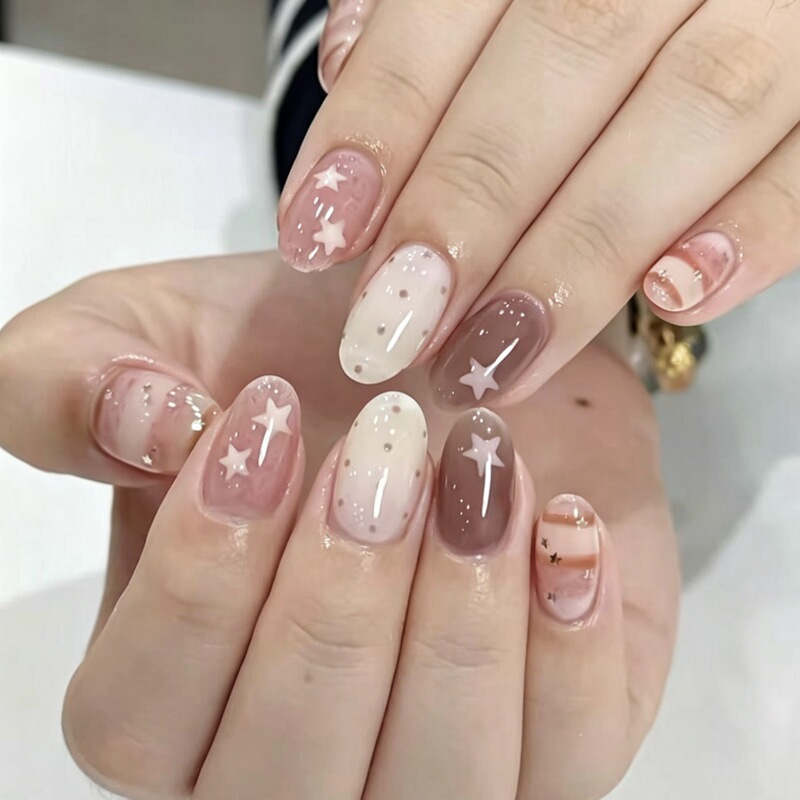 Gentle Pink-Purple Short Oval Star Fine Glitter Polka Dot Press-On Nails Korean Style Ins Sweet Girl Soft and Delicate Nail Stickers
