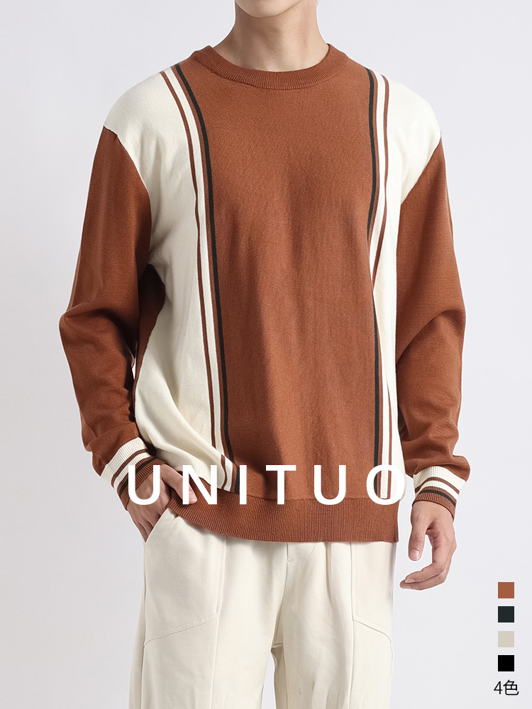 Hombres viejos estilos de contraste de color, camisetas de manga larga a rayas, suéter de cuello redondo casual, camisetas de punto