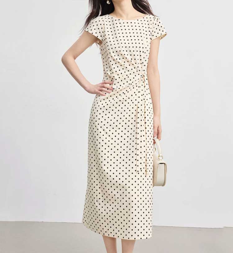 Đầm maxi nữ tay ngắn họa tiết chấm bi phong cách Pháp, eo xếp li buộc dây — Điểm đen Apricot Bottom chi tiết 3