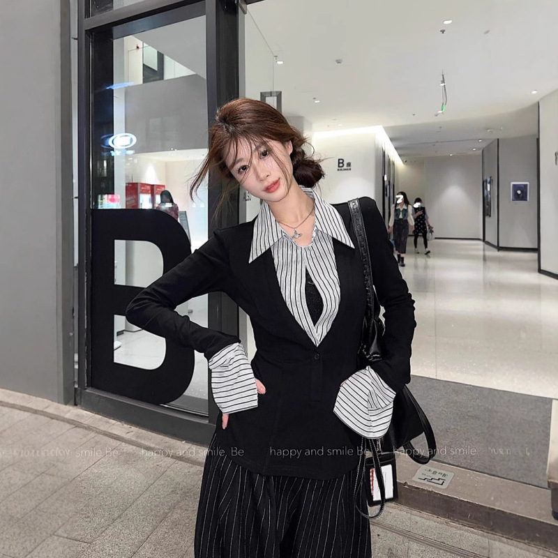 Korean Style Stripe Stitching Contrast Color Long-sleeved T-shirt Women's Spring Design Sense Chic Fashionable Slim-fit Slimming Top Trendy