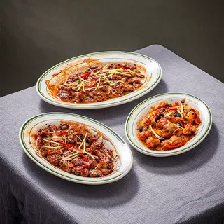 Ultra-High Temperature Resistant Shunde Dry Steamed Pork Ribs Special Thickeneded Ceramic Plate Oval American Barbecue Green Line Tableware