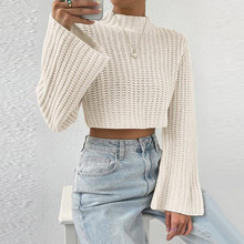 欧美风独立站外贸女装热销气质纯色百搭喇叭袖高腰短款套头毛衣