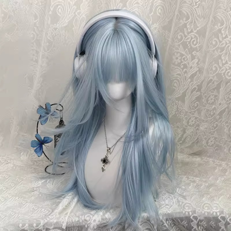Perruque longue et lisse « Ice Sea Wave Blue » pour femme – Perruque complète tendance à couches superposées pour déguisement