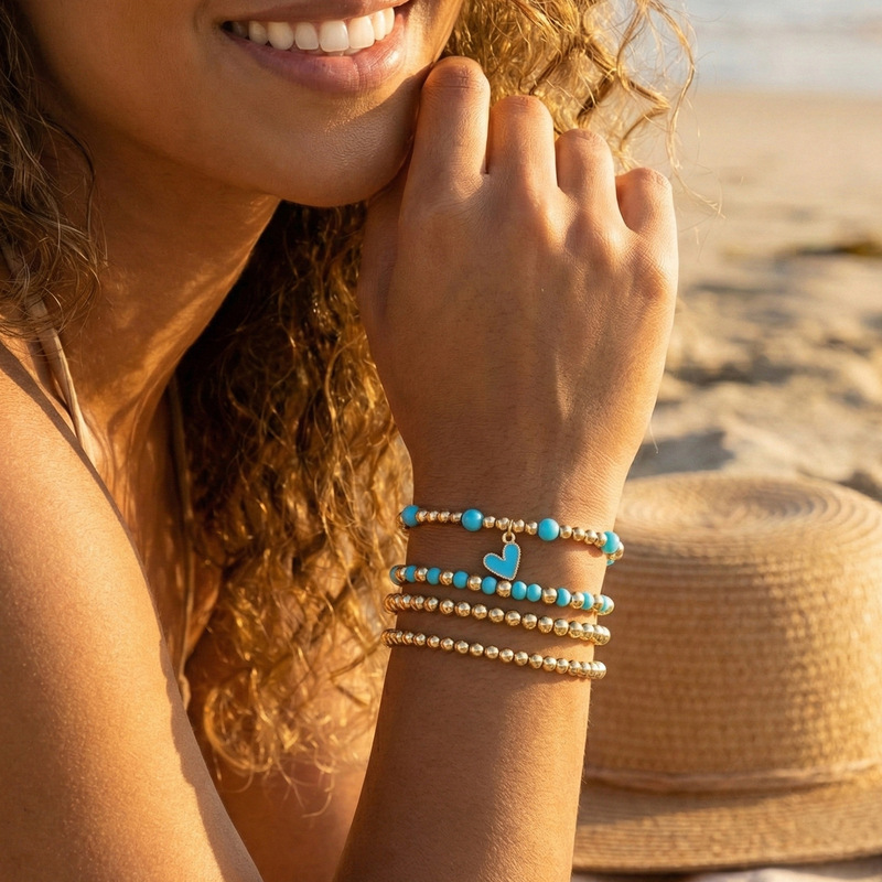 Multi-Strand Blue and Gold Bead Stacked Bracelets with Heart-Shaped Embellishments, Designed for Everyday Wear, Mother's Day Gift
