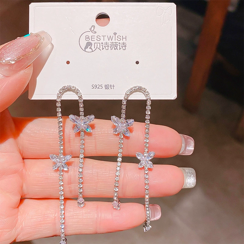 Длинные серебряные серьги с бантом, серебряный штифт, модный цирконий с кисточками, цветочные, серебро 925, легкая роскошь