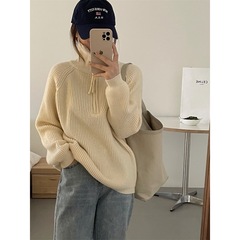 跨境大码慵懒风翻领毛衣女2025秋冬高领拉链套头百搭搭针织衫外套