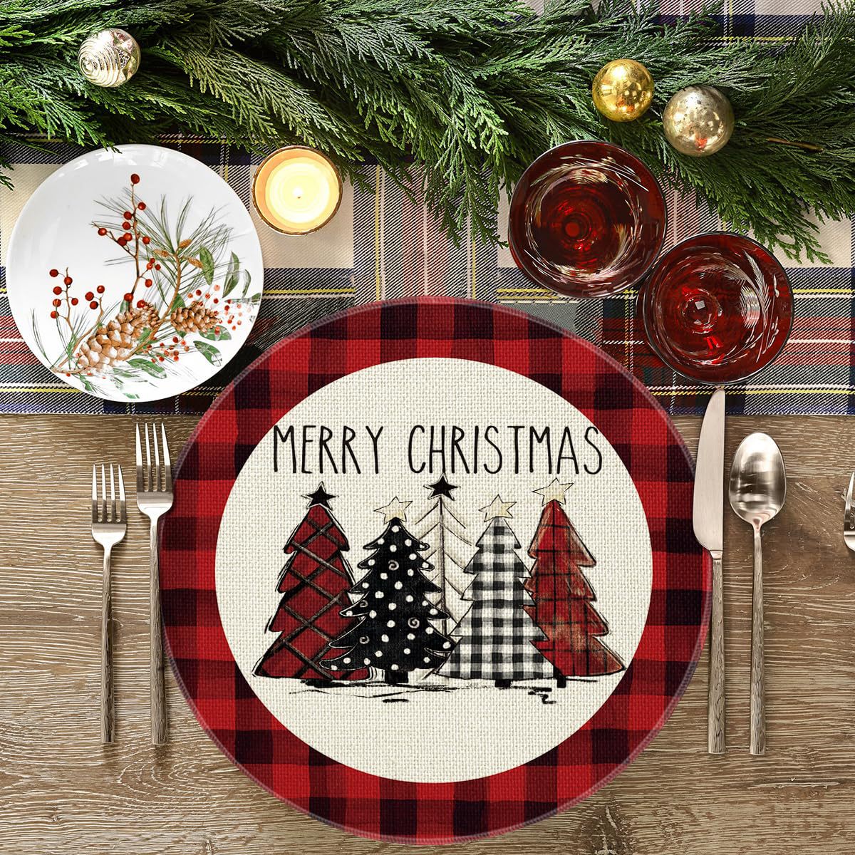 Ronda Navidad Lino placemat camino de mesa vacaciones árbol de Navidad muñeco de nieve tela placemat lavable decorativo diseño estera