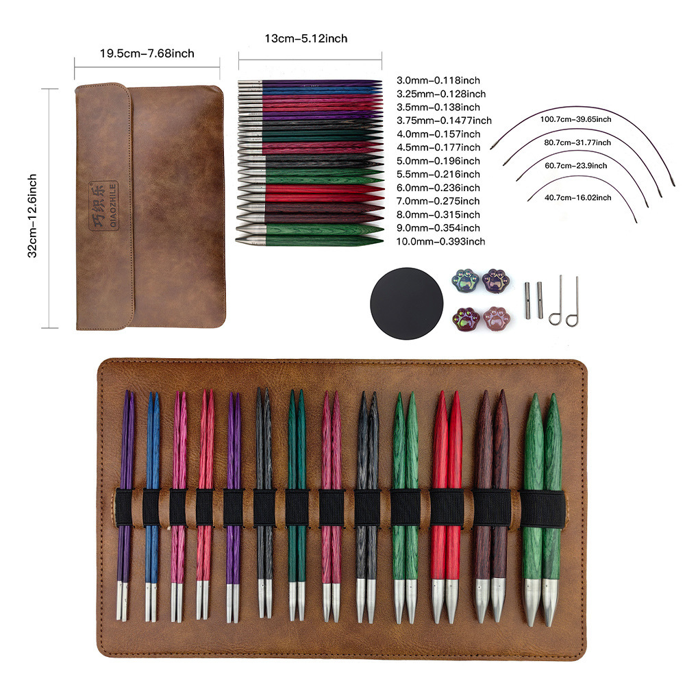 Aguja de suéter transfronteriza Aguja de anillo desmontable de madera de color, pulido a mano, desmontaje, cambio de cuerda, juego de aguja de anillo 13CM