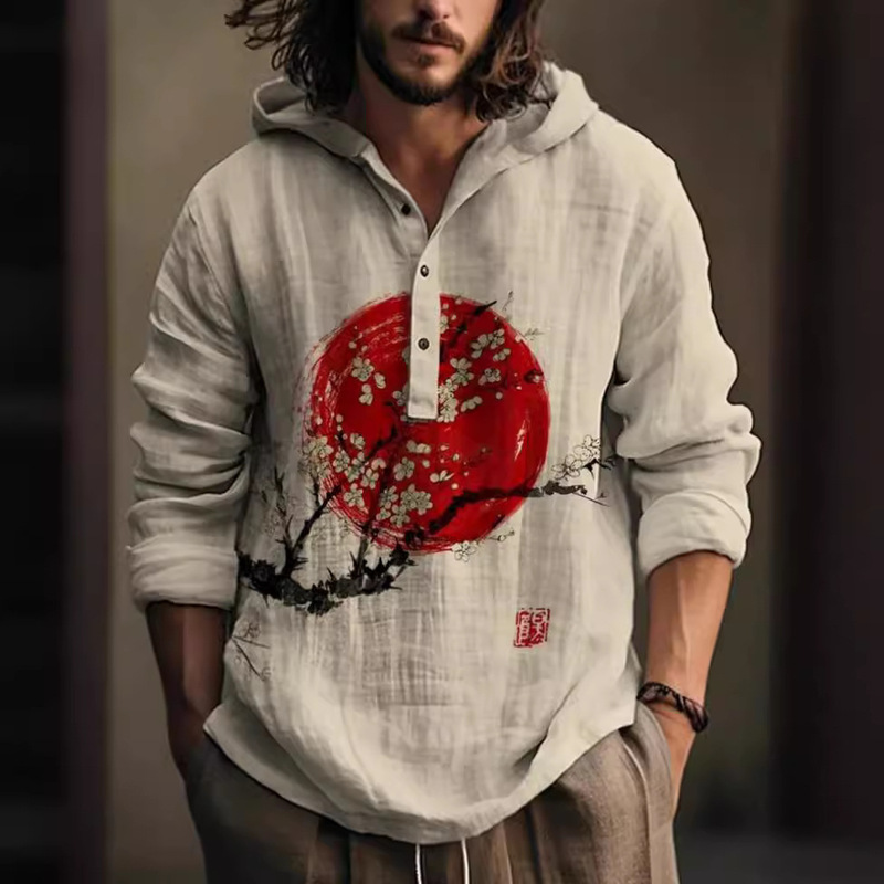 Cross Border AliExpress Japanese Vintage Fashion Men's Hooded Long Sleeve Shirt Half-placket Crane 3D Printed Top Cross Border AliExpress Japanese Vintage Fashion Men's Hooded Long Sleeve Shirt Half-placket Crane 3D Printed Top