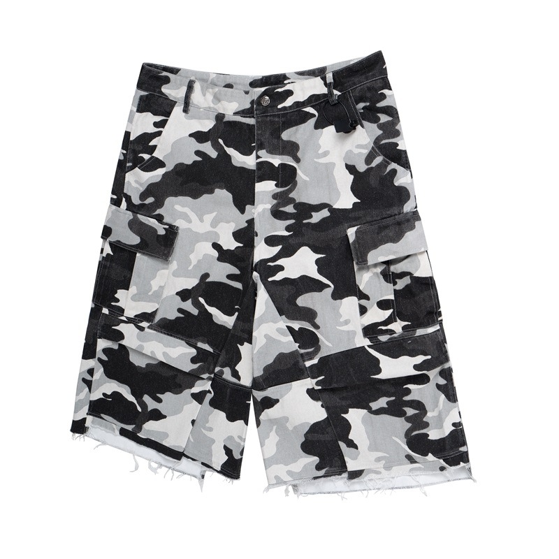 Viiexplore Coated Glitter Black and White Camouflage Cropped Pants Men's Distressed Raw Edge Silhouette Multi-Flap Pocket Pants Cargo Shorts