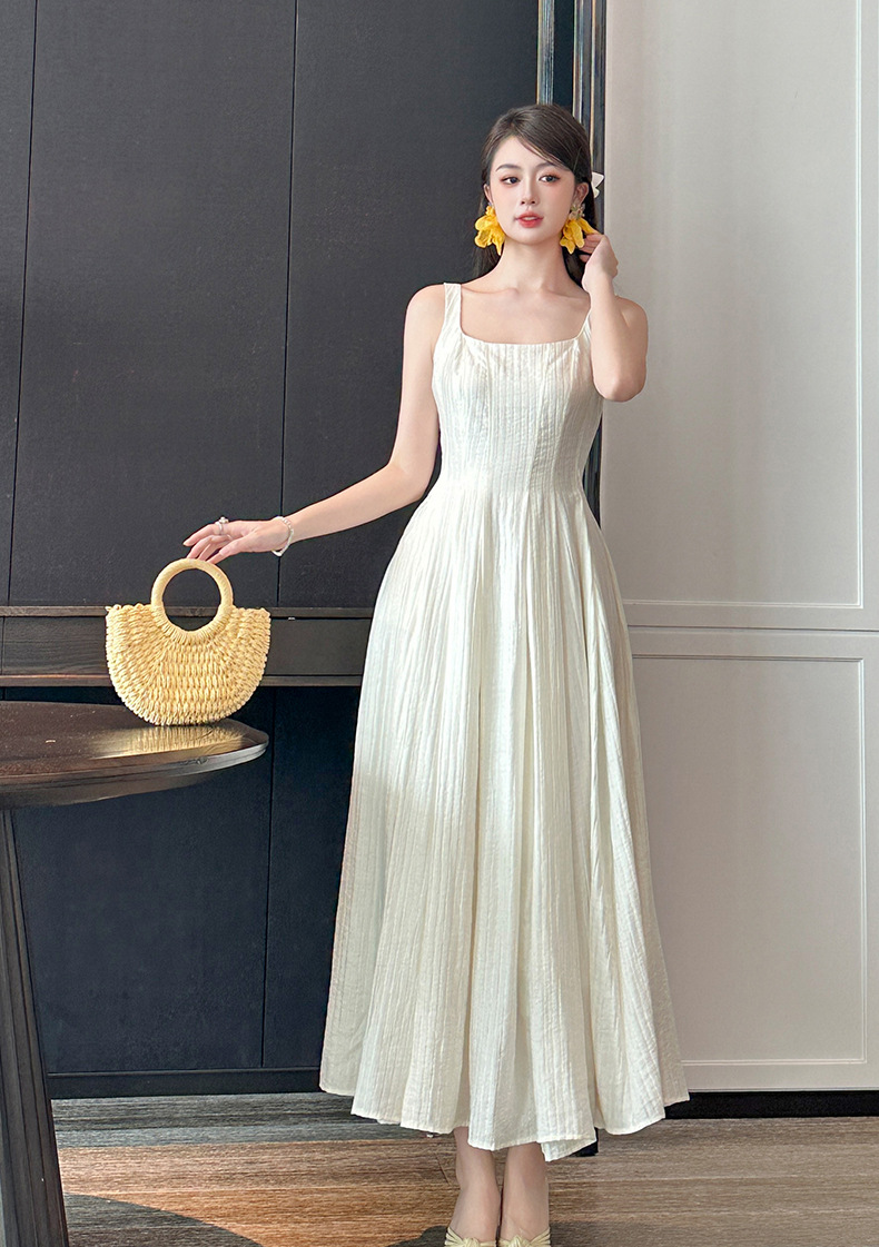 Váy maxi chữ A hở lưng thiết kế hai dây phong cách Pháp — Màu đen chi tiết 6
