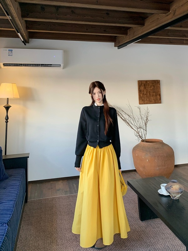 辣妹风黑色设计感针织开衫黄色高腰A字裙伞裙女2025秋季新款套装|undefined