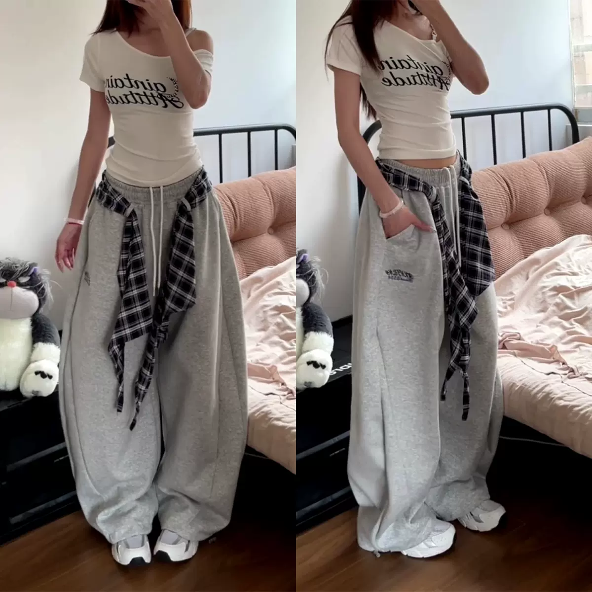 脏脏裤子男春秋纯色直筒休闲裤宽松百搭美式复古阔腿卫裤灰色高腰