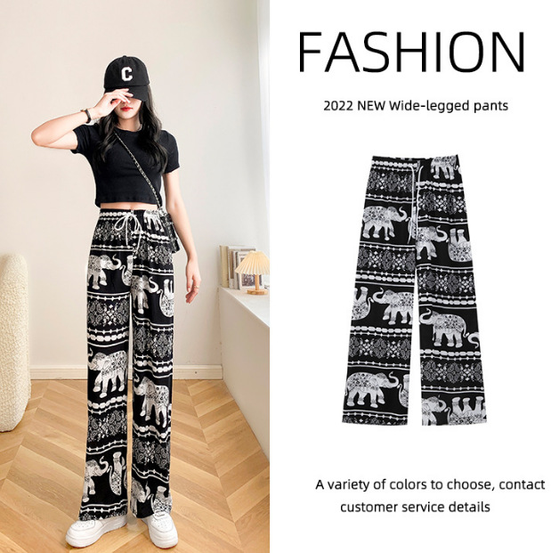 Foreign Trade Elephant Wide Leg Pants Women's Spring Cross-border Printed Dape Pants Small Loose High Waist Slimming Casual Pants