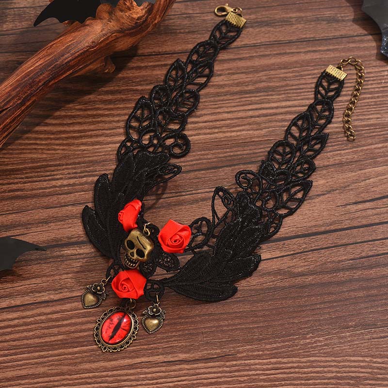 Halloween Greeting Card Set With Lace Flowers, Skull Eyes Necklace, Women's Hollowed Out Dark Pendant Accessory_voghion.com