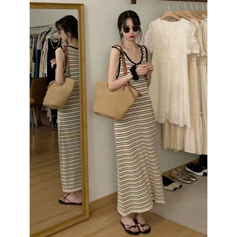 Высококачественное платье-жилет в полоску 2024, новое летнее платье без рукавов, Высококачественная маленькая длинная юбка