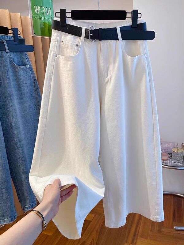 Large Size High-Waisted Korean Style Three-Quarter Wide-Leg Pants for Women Summer Thin Loose Slimming White Straight Jeans