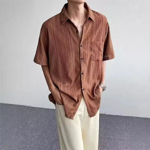 Men's summer casual thin short-sleeved plain shirt, five-point collar, trendy brand, cool style.