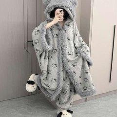 毛绒绒睡衣冬季睡袍氛围感时尚灰色高级凯蒂猫连帽睡袍休闲家居服