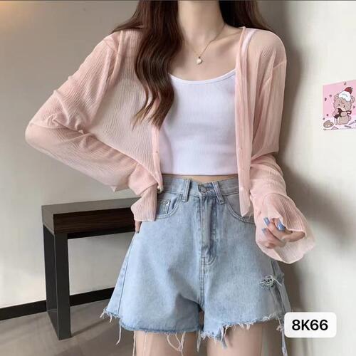 Ice silk knitted open sun protection shirt jacket for women spring super fairy outfit with suspender skirt shawl blouse top thin