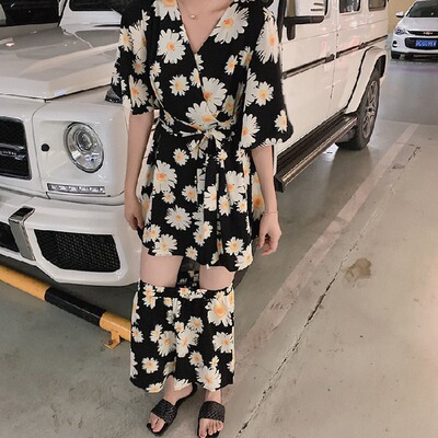 2022 summer new pattern fashion Western style Chiffon printing suit Korean Edition Wide leg pants Dress Two piece set