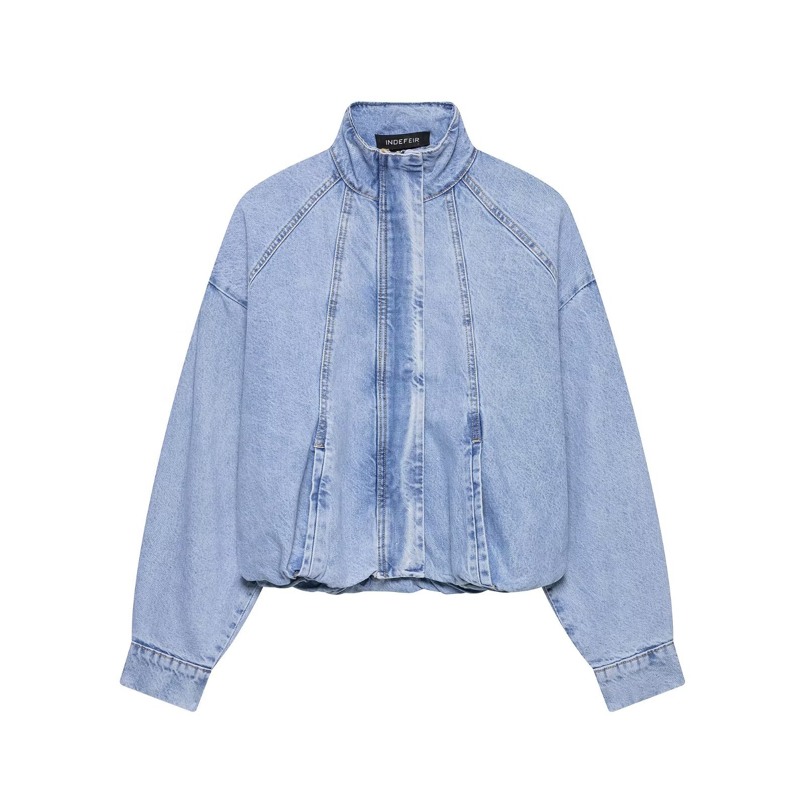 Women's High Neck Denim Jacket Long Sleeved American Street Style Versatile Wholesale Clothing for Autumn Winter New Arrivals_mkmklike.com