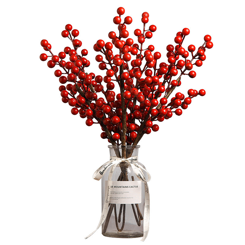 12 flores rojas pequeñas, caqui, acebajos, granada, flores simuladas, adornos de boda, frutas de Navidad