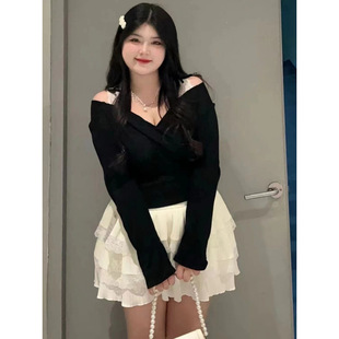 微胖mm春秋設計感蝴蝶結假兩件針織衫甜美蓬蓬蕾絲拼接半身裙女