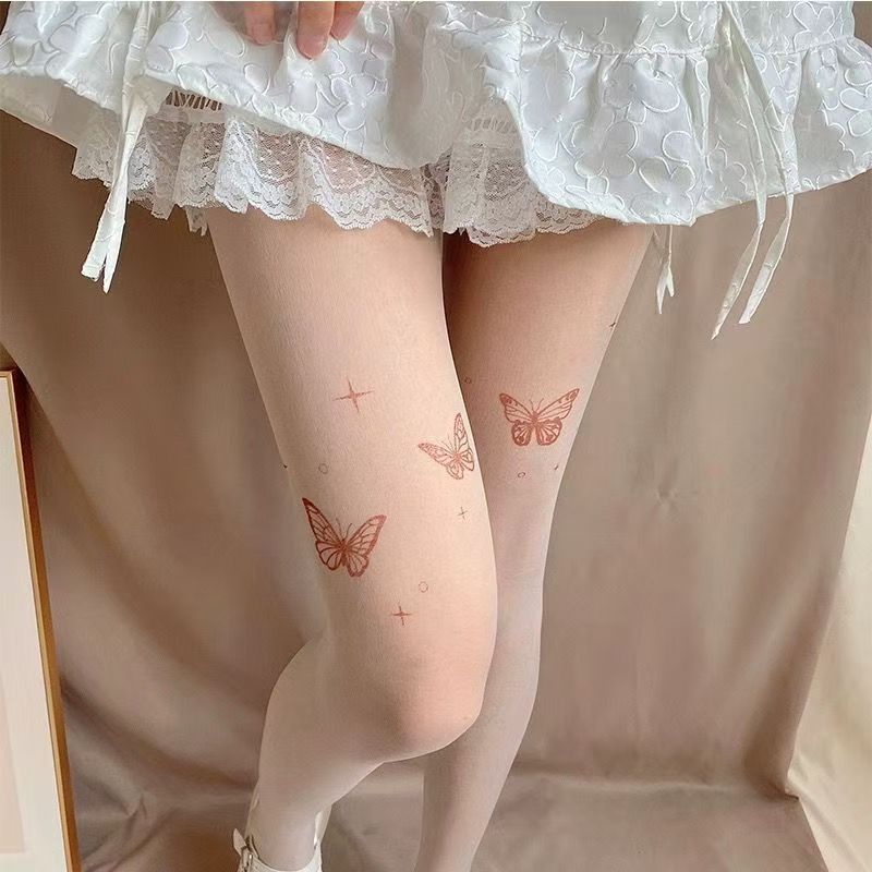 Sheer Pantyhose with a Nude Feel, Ultra-Thin Core-Spun Silk Over-The-Knee Socks, Snag-Resistant Women's Spring and Summer Printed Butterfly Stockings with Bow